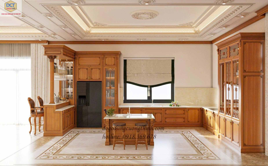 Mẫu tủ bếp tân cổ điển TB55 có đảo quầy bar tủ rượu